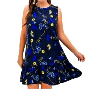 Nordstroom HALOGEN Blue Yellow Floral Sleeveless Ruffle Hem Dress Size S Small